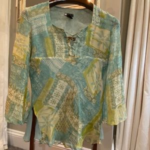 Carole Little Silk Blouse Patchwork Design Sheer long sleeves & lace/up neckline